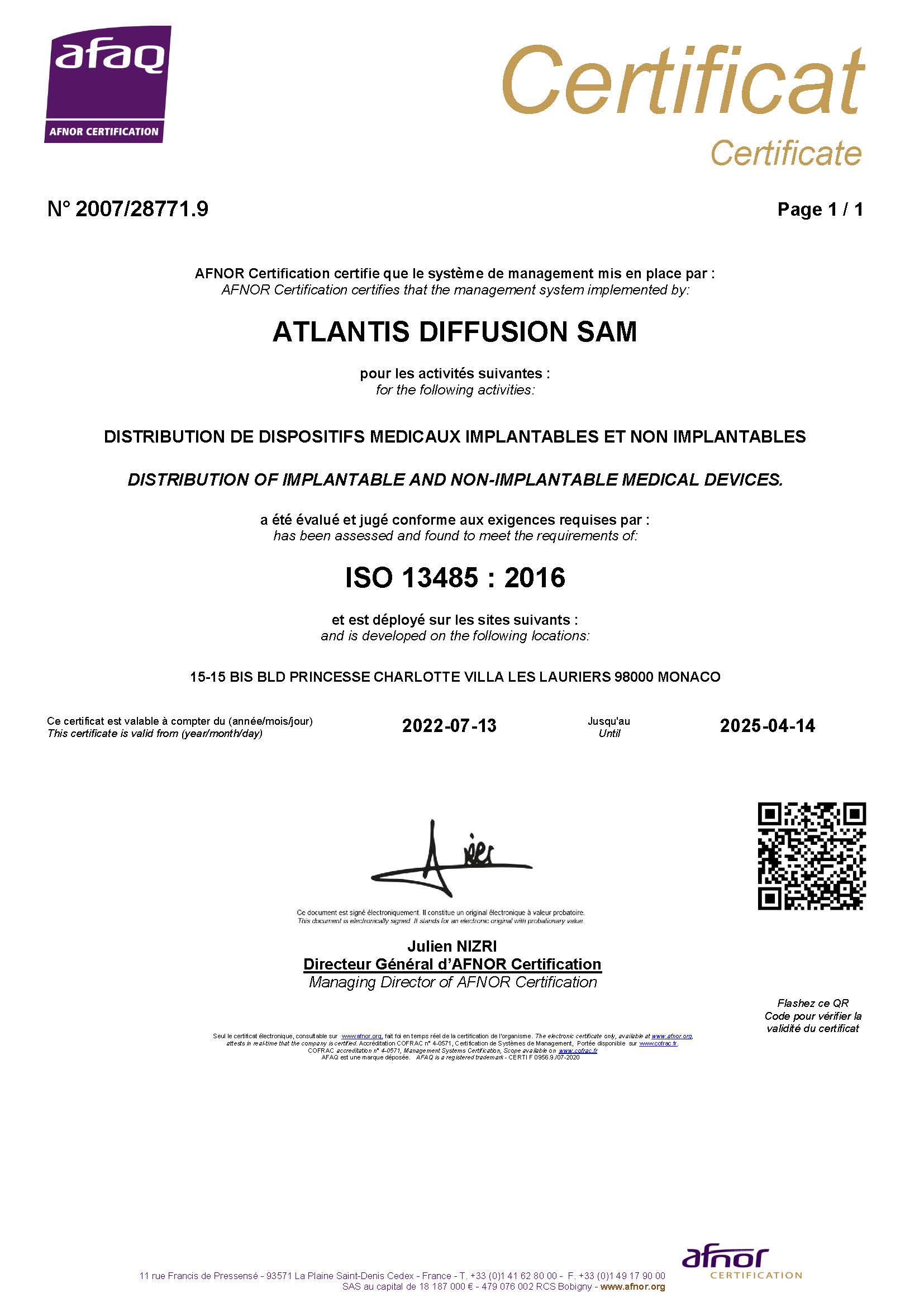 Cert. ISO 13485 ATLANTIS