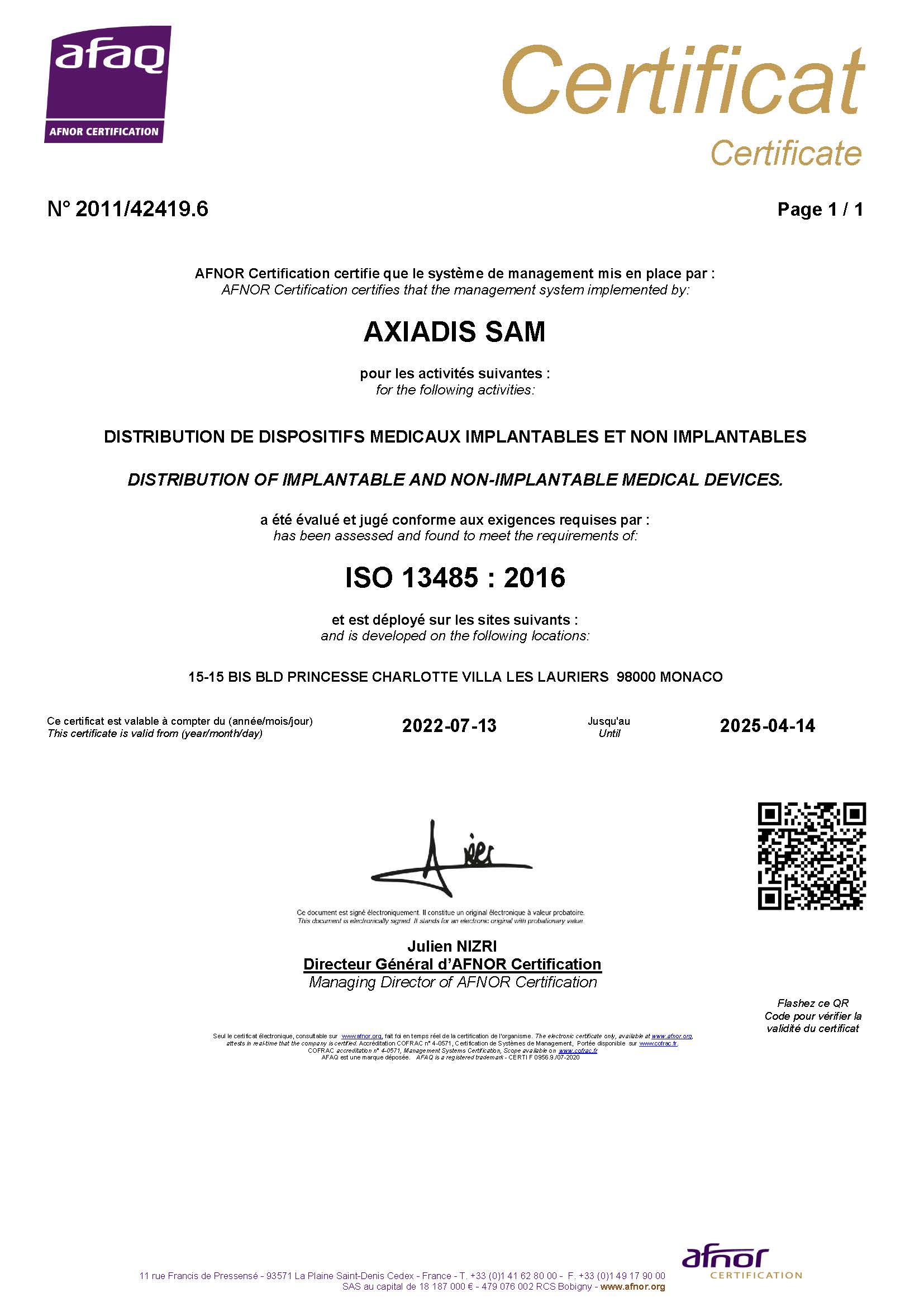 Cert. ISO 13485 AXIADIS