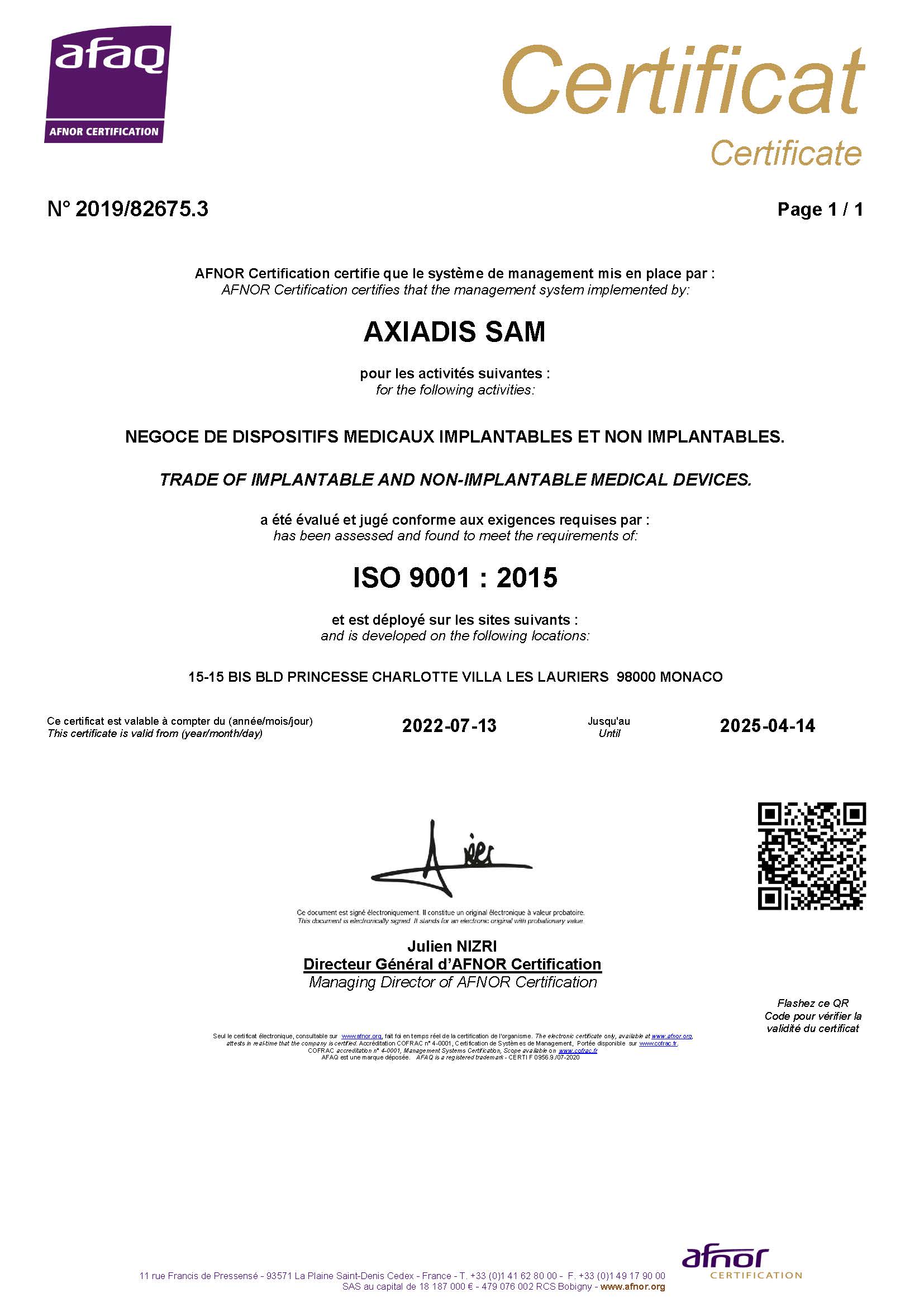 Cert. ISO 9001 AXIADIS